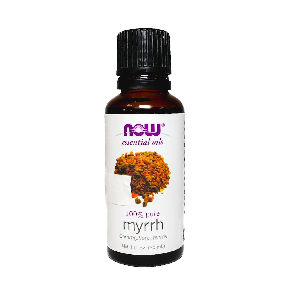 NOW Essential Oils 100% pure myrrh bottle with black cap and amber label on white background