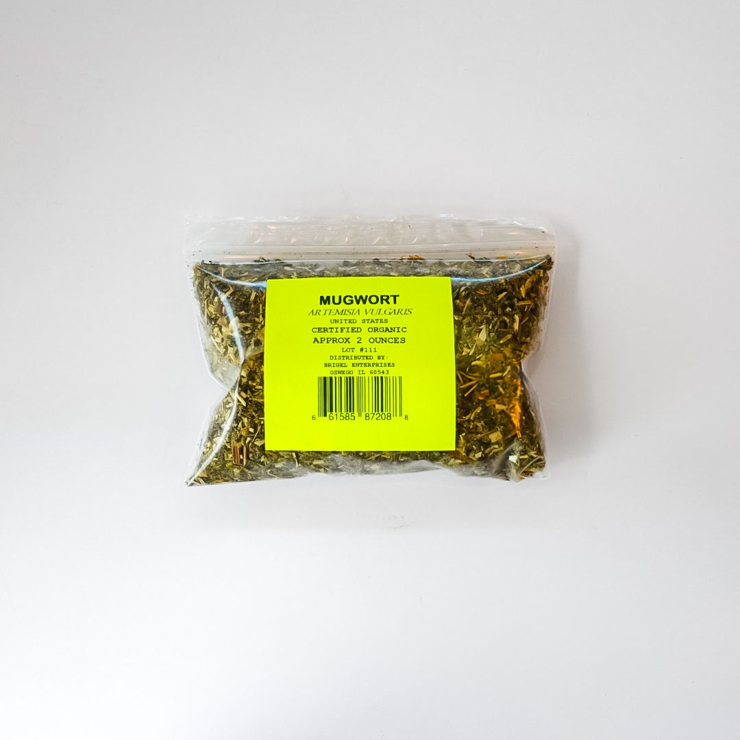 Plastic bag of dried herb or spice with bright yellow label and barcode on a white background