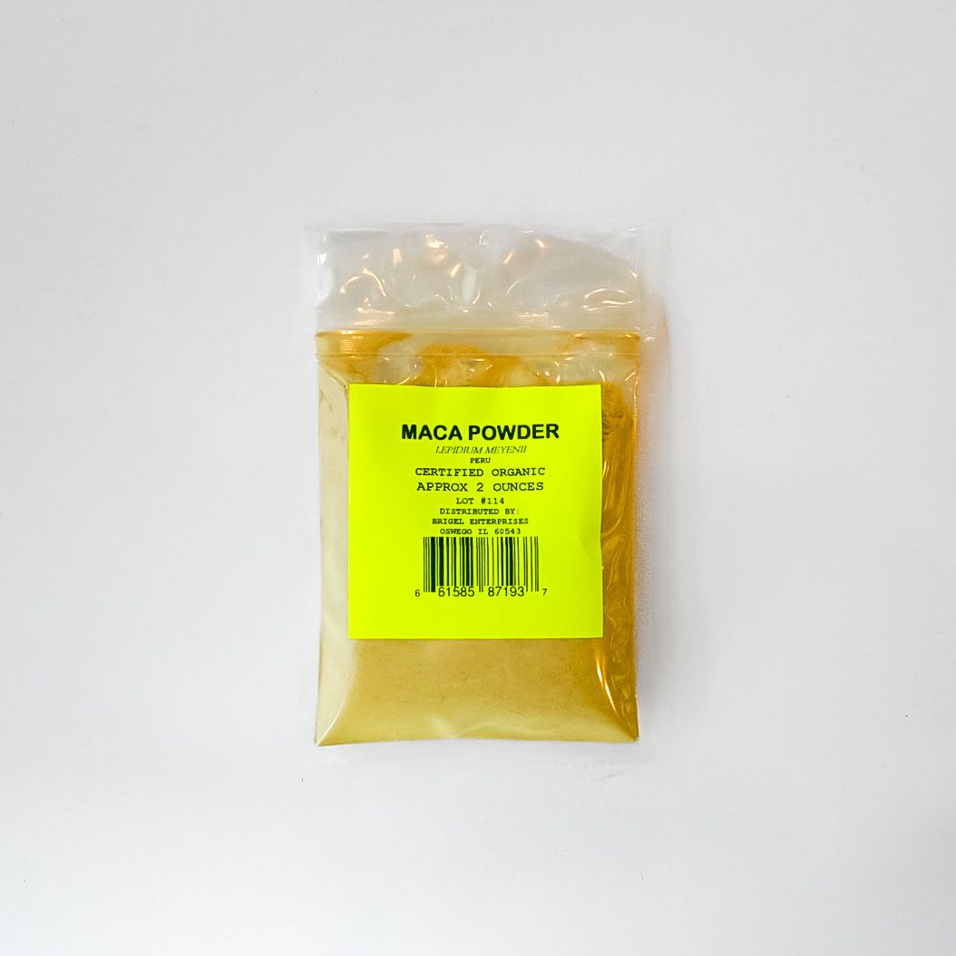 Yellow packet of maca powder with a bright green label on a white background