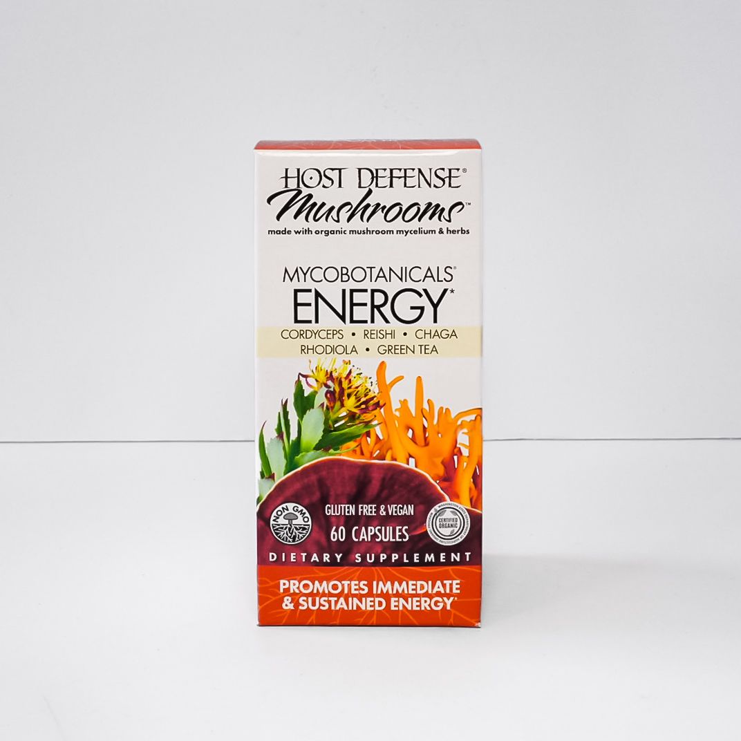 Host Defense Mushrooms MycoBotanicals Energy supplement box with orange and red accents