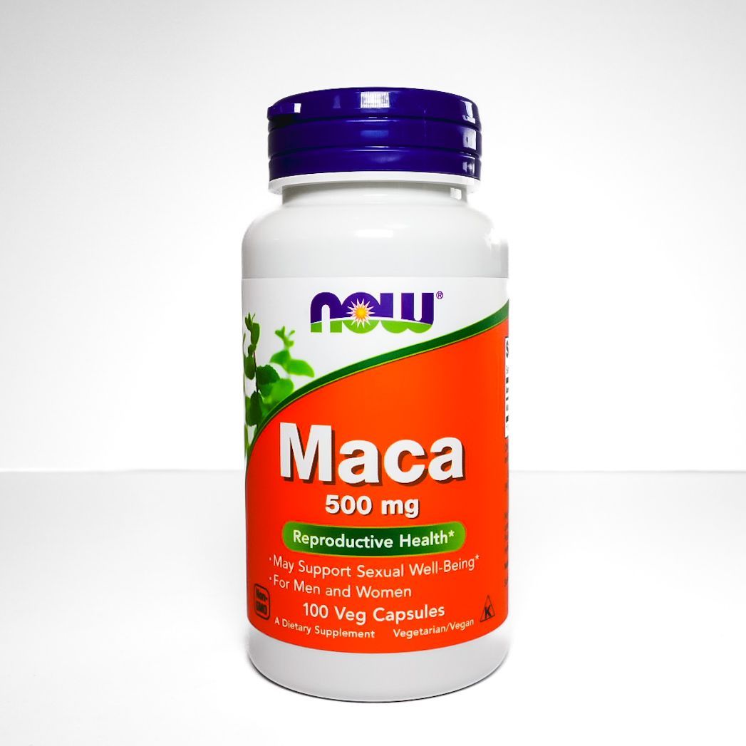 NOW maca 500 mg supplement bottle with purple cap and orange label on white background