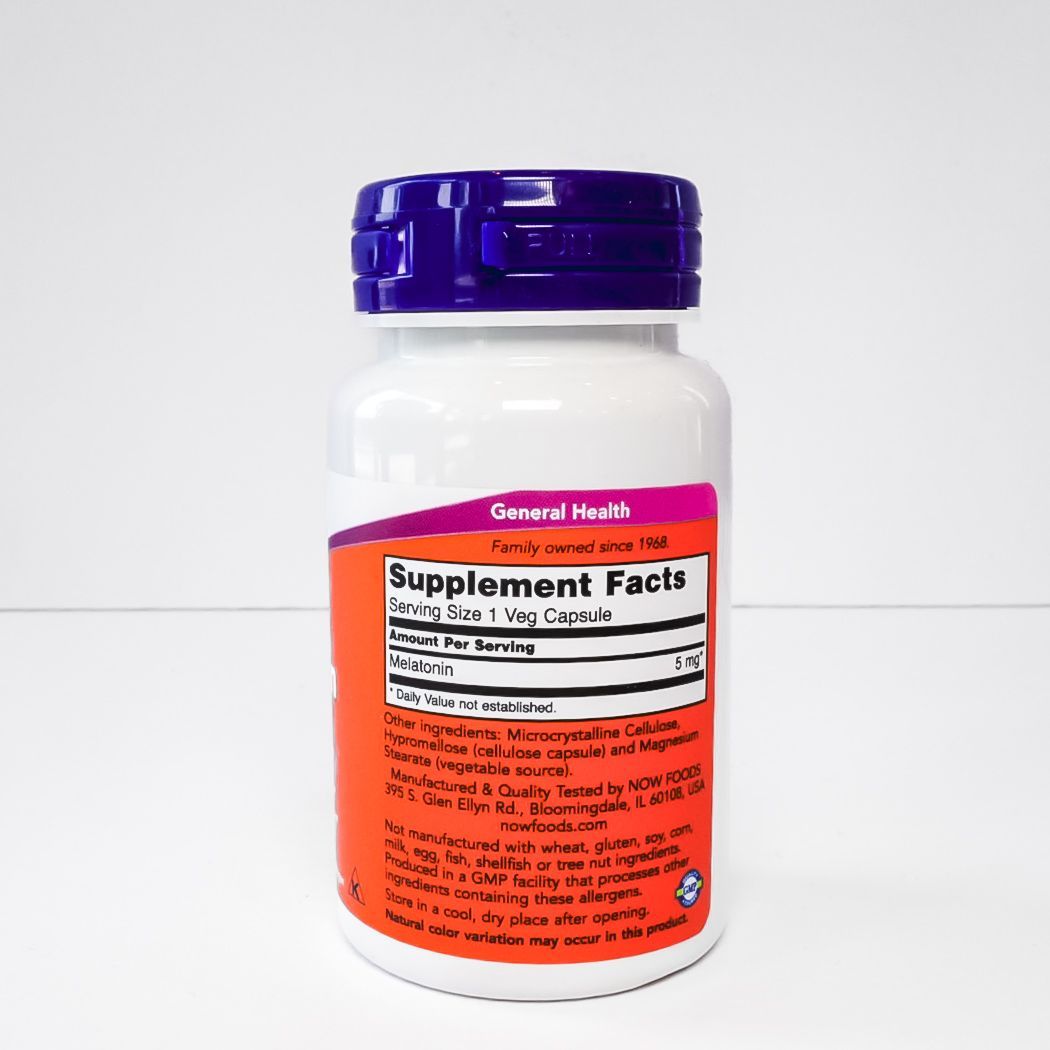 Now Melatonin 5 mg supplement bottle with purple cap and orange label