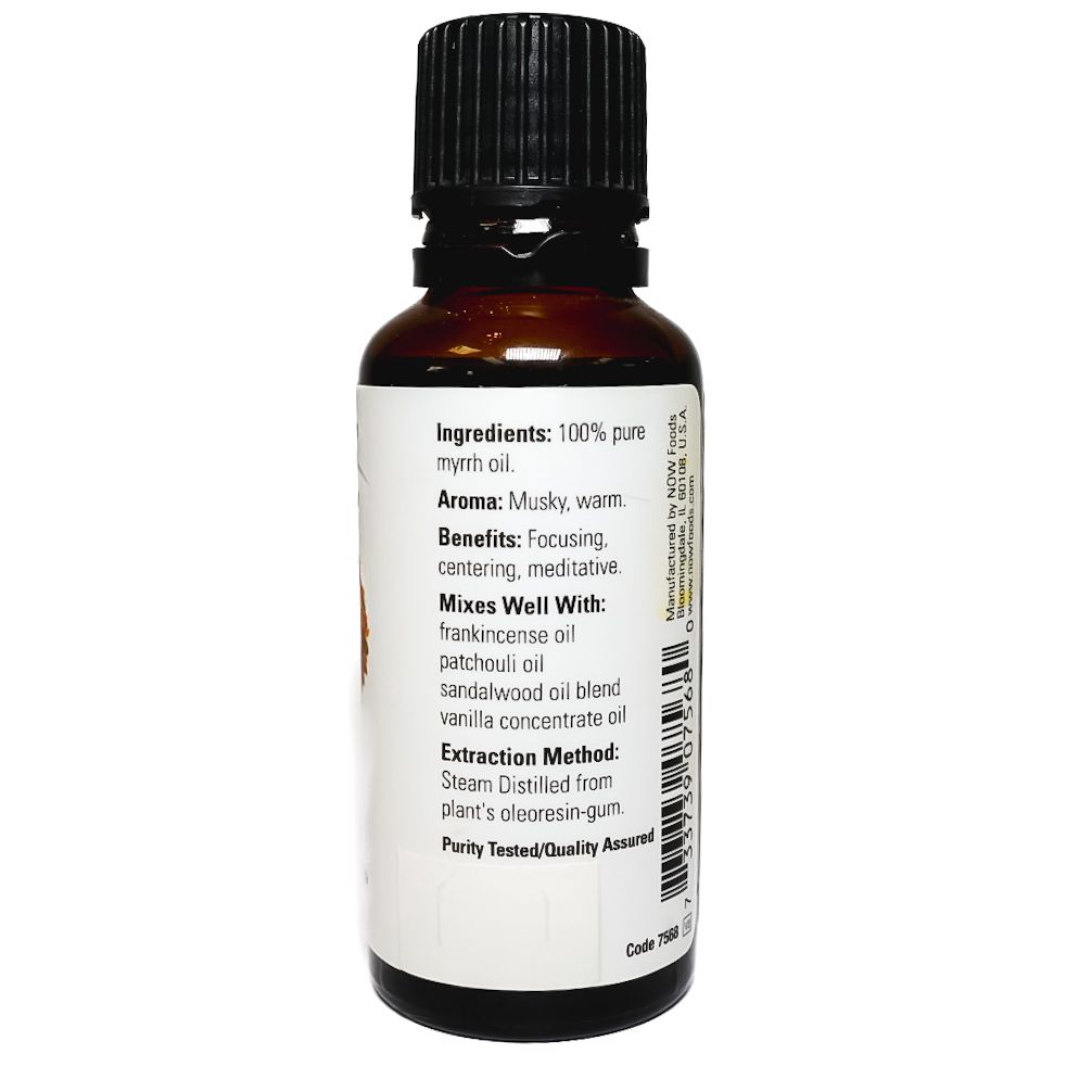 NOW Essential Oils 100% pure myrrh bottle with black cap and amber label on white background