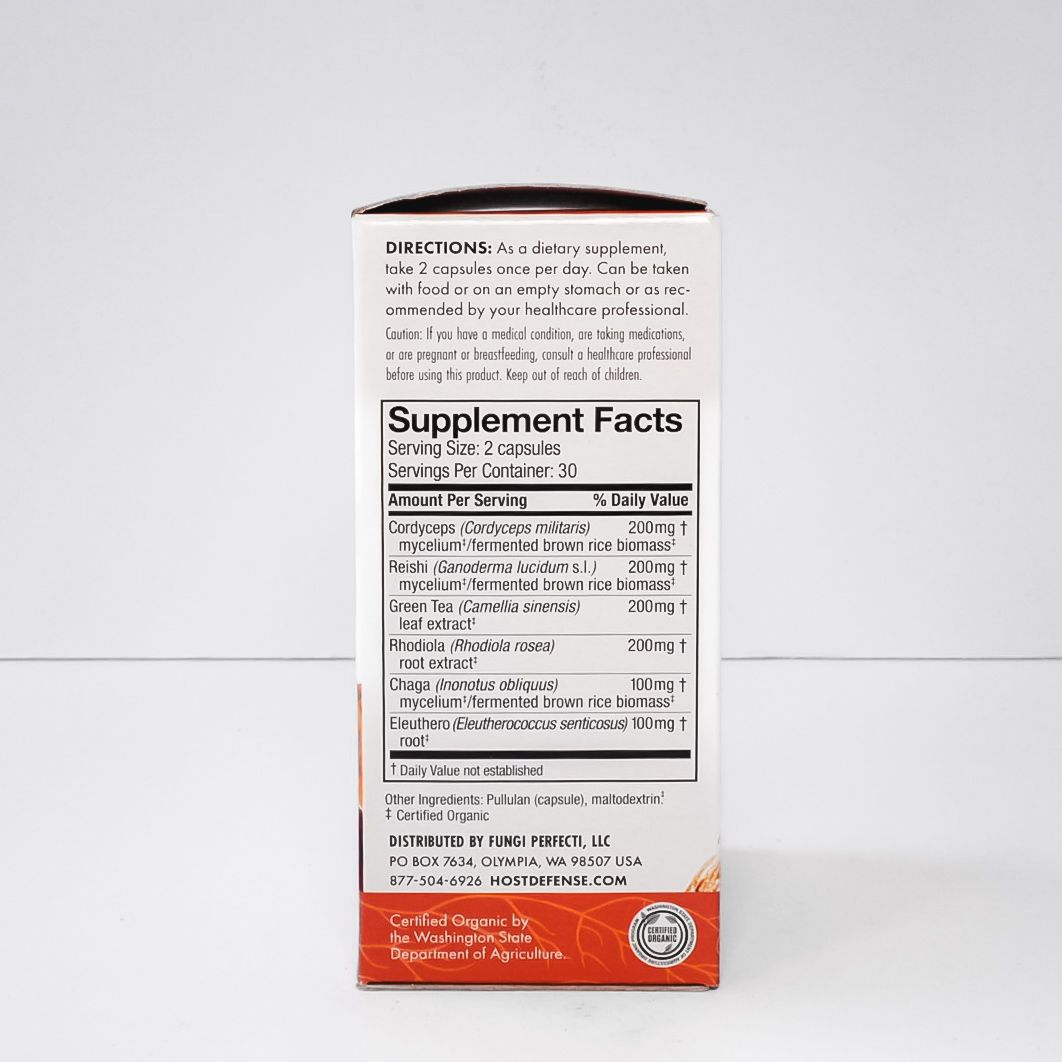 Host Defense Mushrooms MycoBotanicals Energy supplement box with orange and red accents