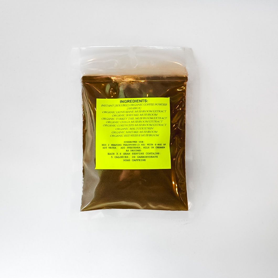 Clear plastic bag of brown powder with a bright yellow label on a white background