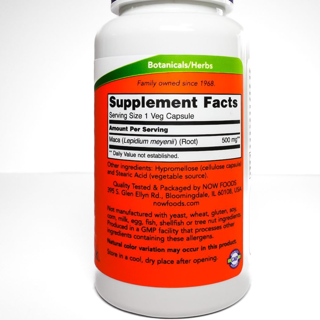 NOW maca 500 mg dietary supplement bottle with orange label and purple cap