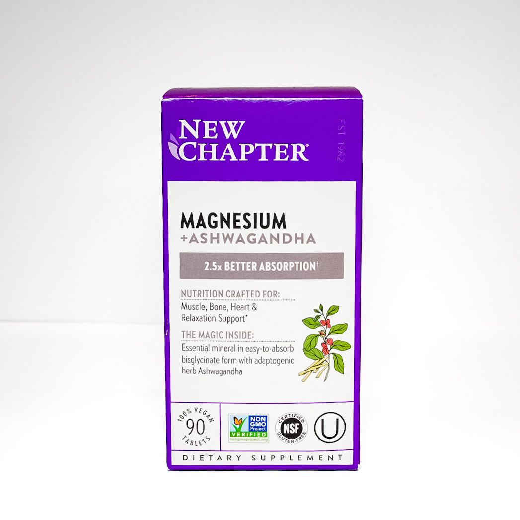 Purple New Chapter magnesium ashwagandha supplement box on white background