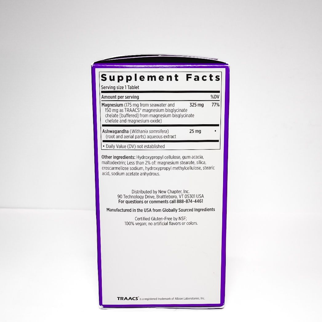 Purple New Chapter magnesium ashwagandha supplement box on white background