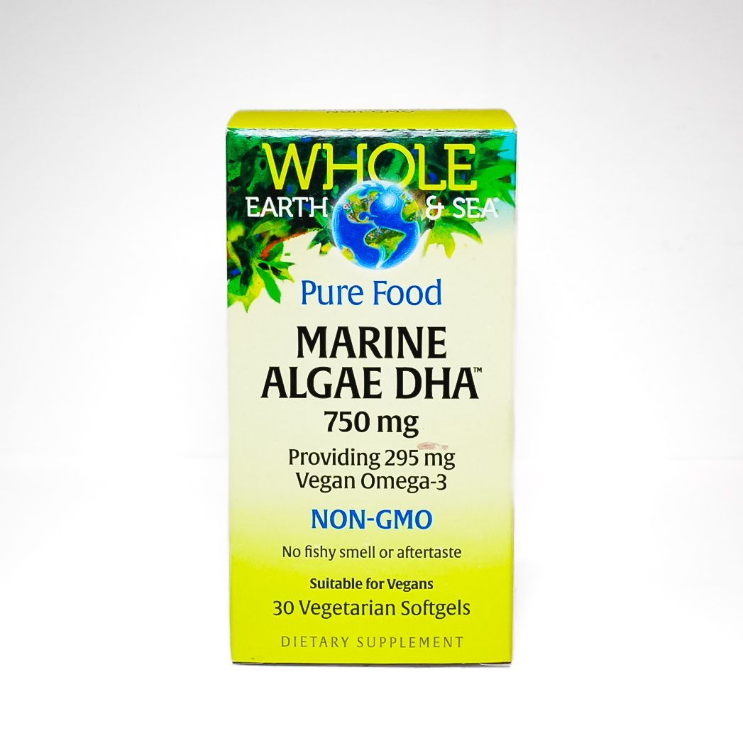 Box of Whole Earth & Sea Pure Food Marine Algae DHA, 750 mg, white and green package
