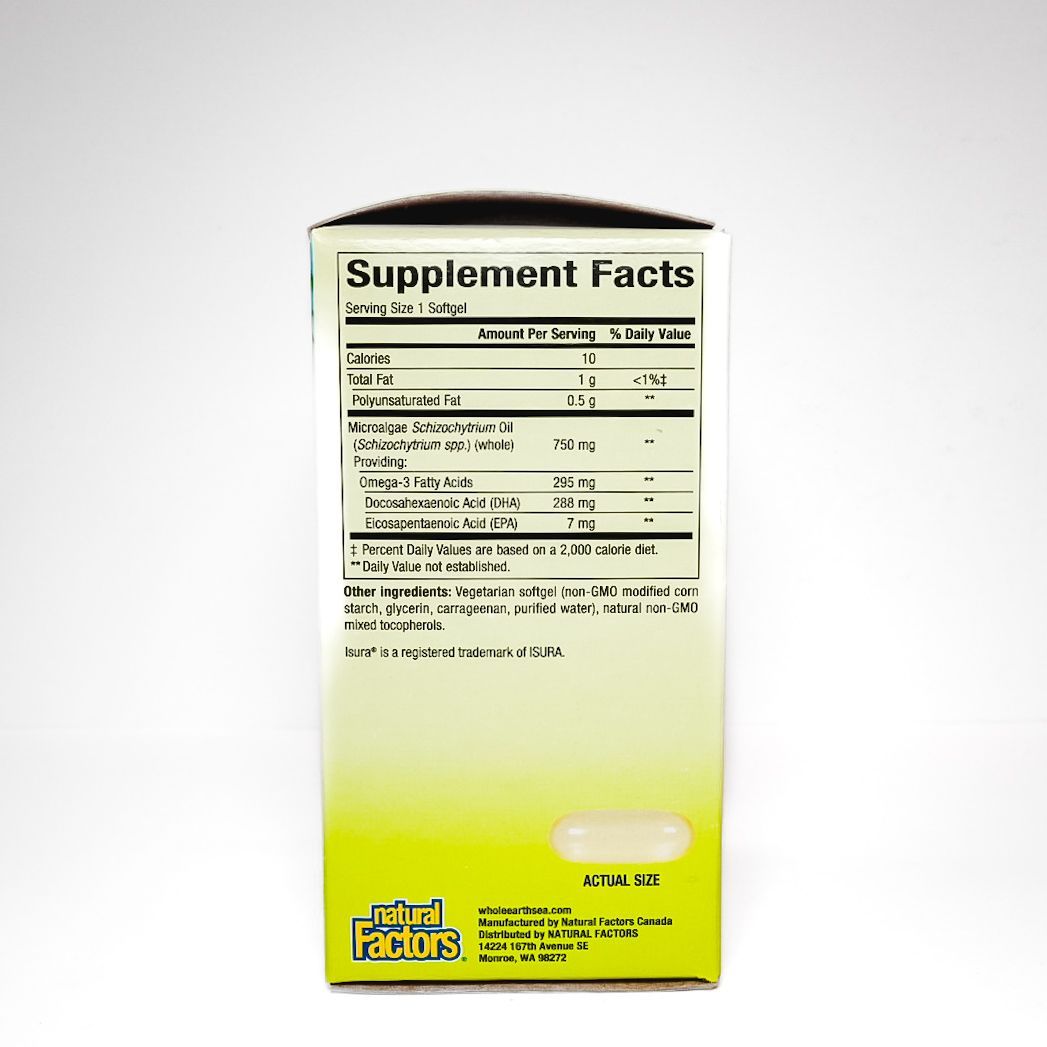 Whole Earth & Sea Pure Food Marine Algae DHA supplement box, white and yellow with green top