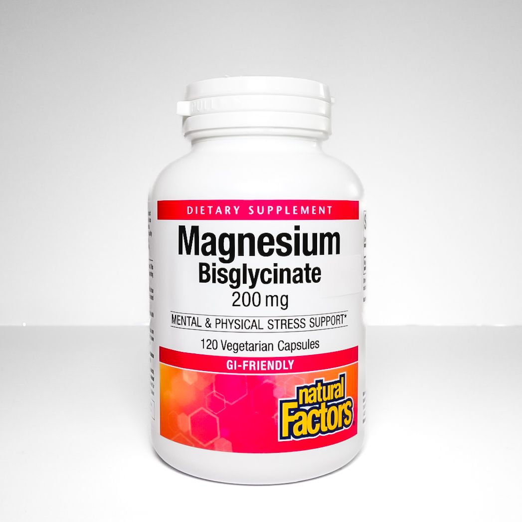 Bottle of Magnesium Bisglycinate supplement, white with red label and pink gradient, from Natural Factors.