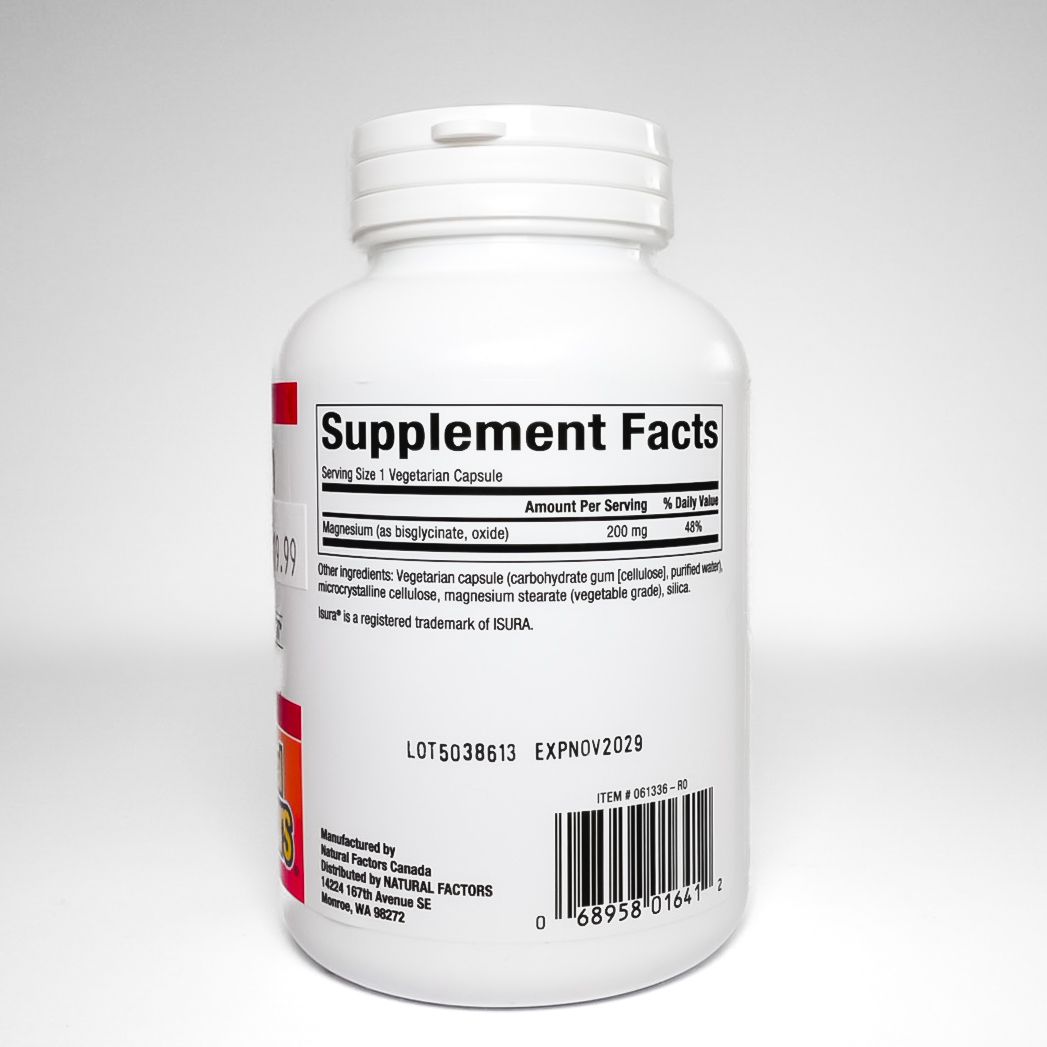 Bottle of Magnesium Bisglycinate supplement, white with red label and pink gradient, from Natural Factors.
