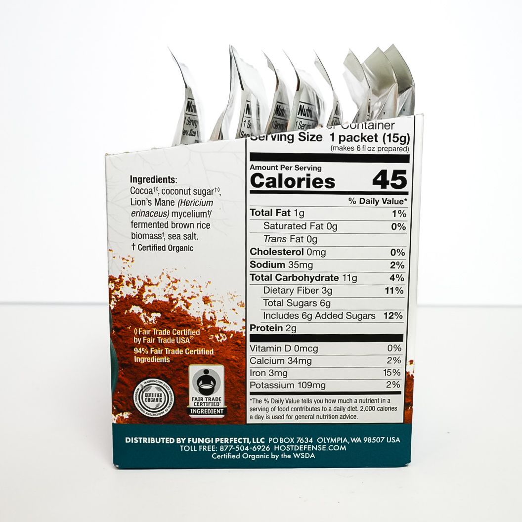 Nutrition label on a brown-and-white snack box with visible calorie count and food details