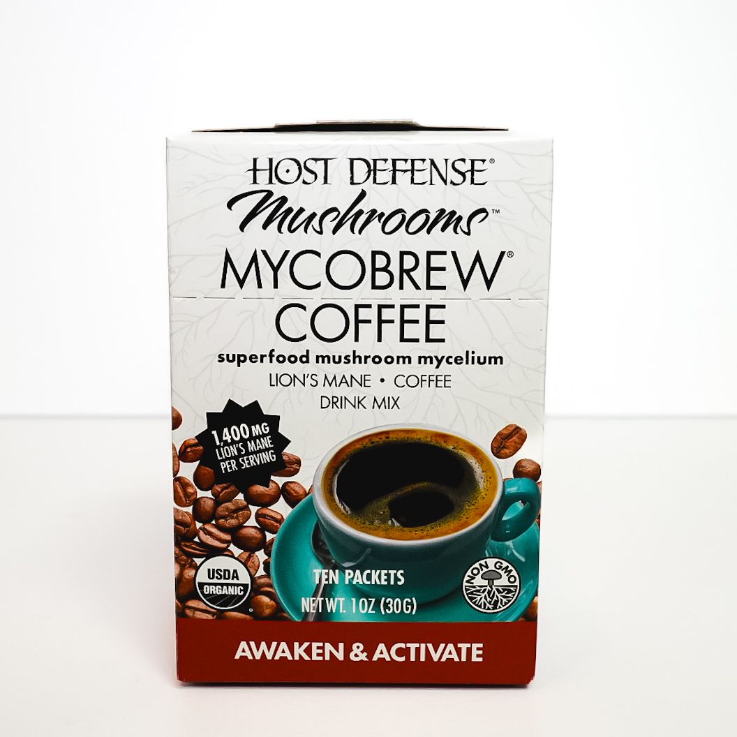 Host Defense Mushroom MycoBrew Coffee box with cup, white and teal packaging, “Awaken & Activate” text