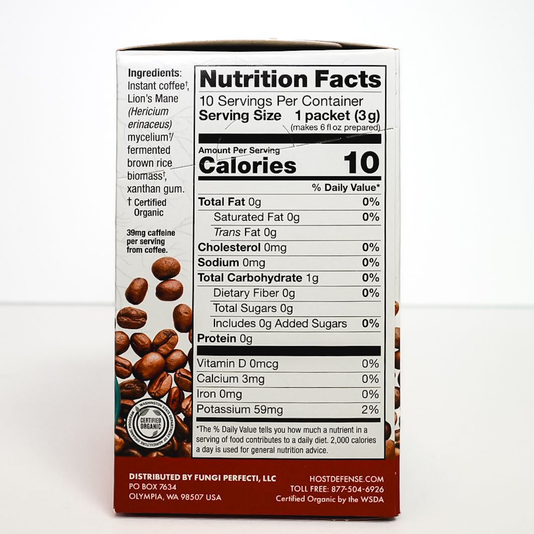 Host Defense Mushroom MycoBrew Coffee box with cup, white and teal packaging, “Awaken & Activate” text