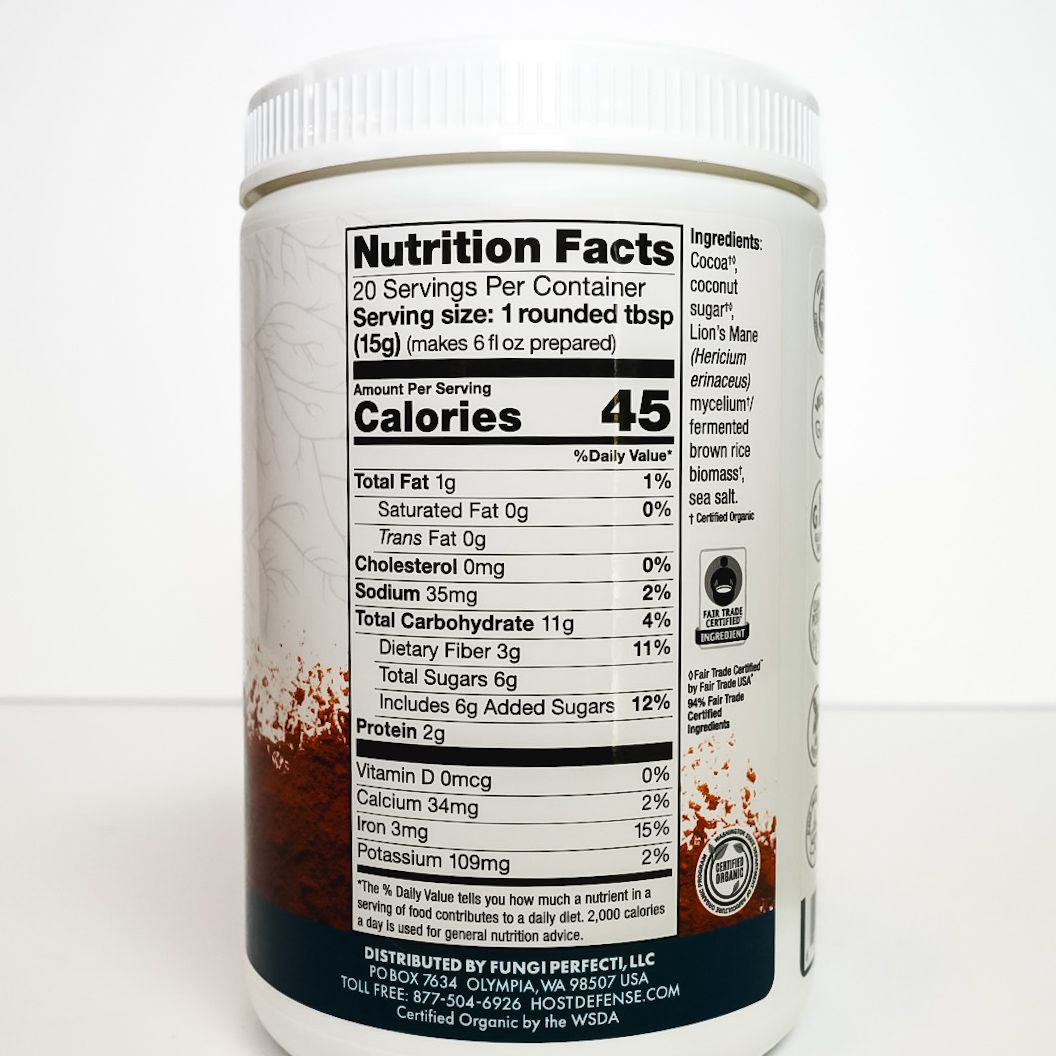 Host Defense MycoBrew Cocoa mushroom drink mix jar with white lid and dark label