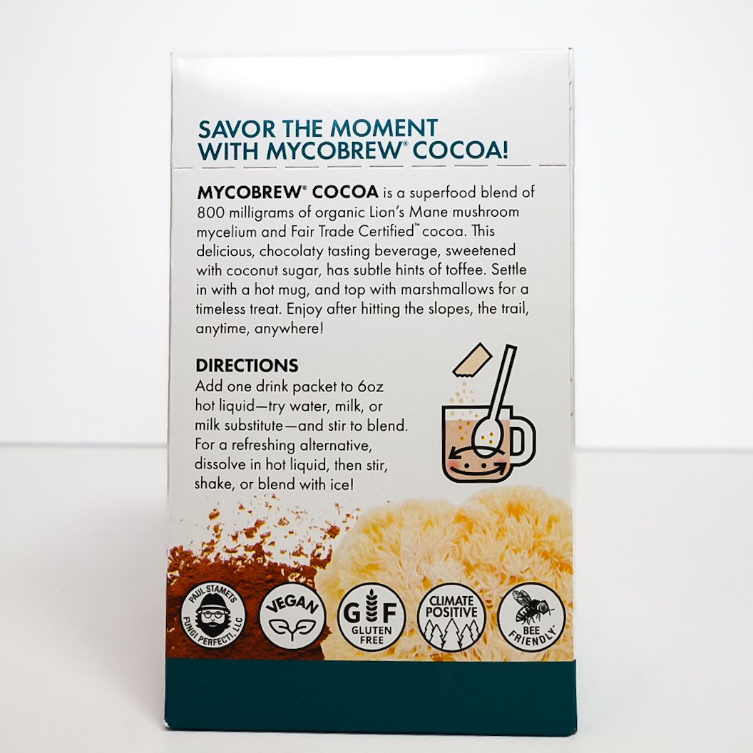 Herbal Defense Mushrooms MycoBrew Cocoa drink mix box with a mug of hot cocoa and mushrooms.