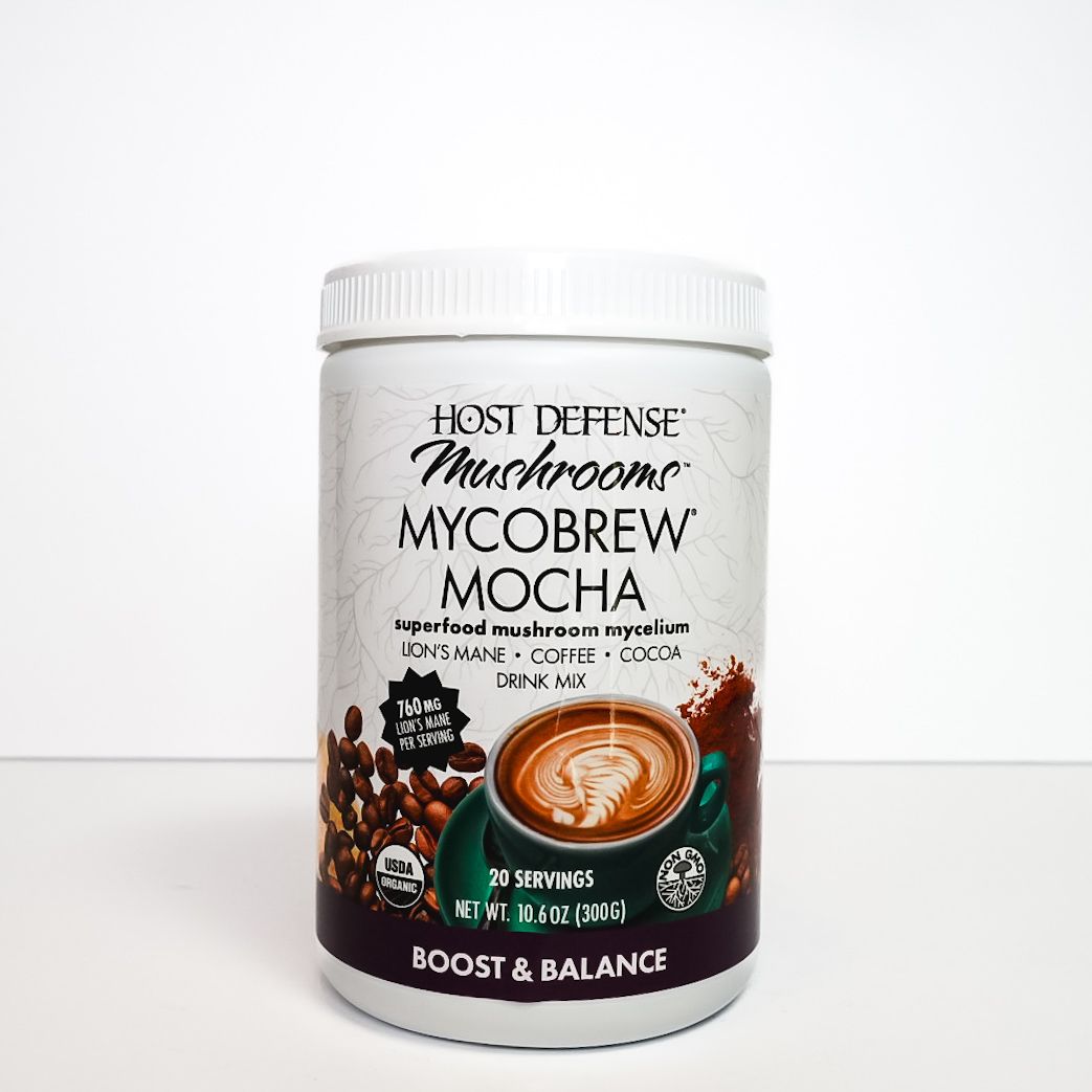 Lions Mane mushroom MycoBrew Mocha canister with coffee beans and steaming cup illustration