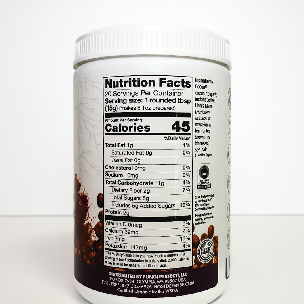 Lions Mane mushroom MycoBrew Mocha canister with coffee beans and steaming cup illustration