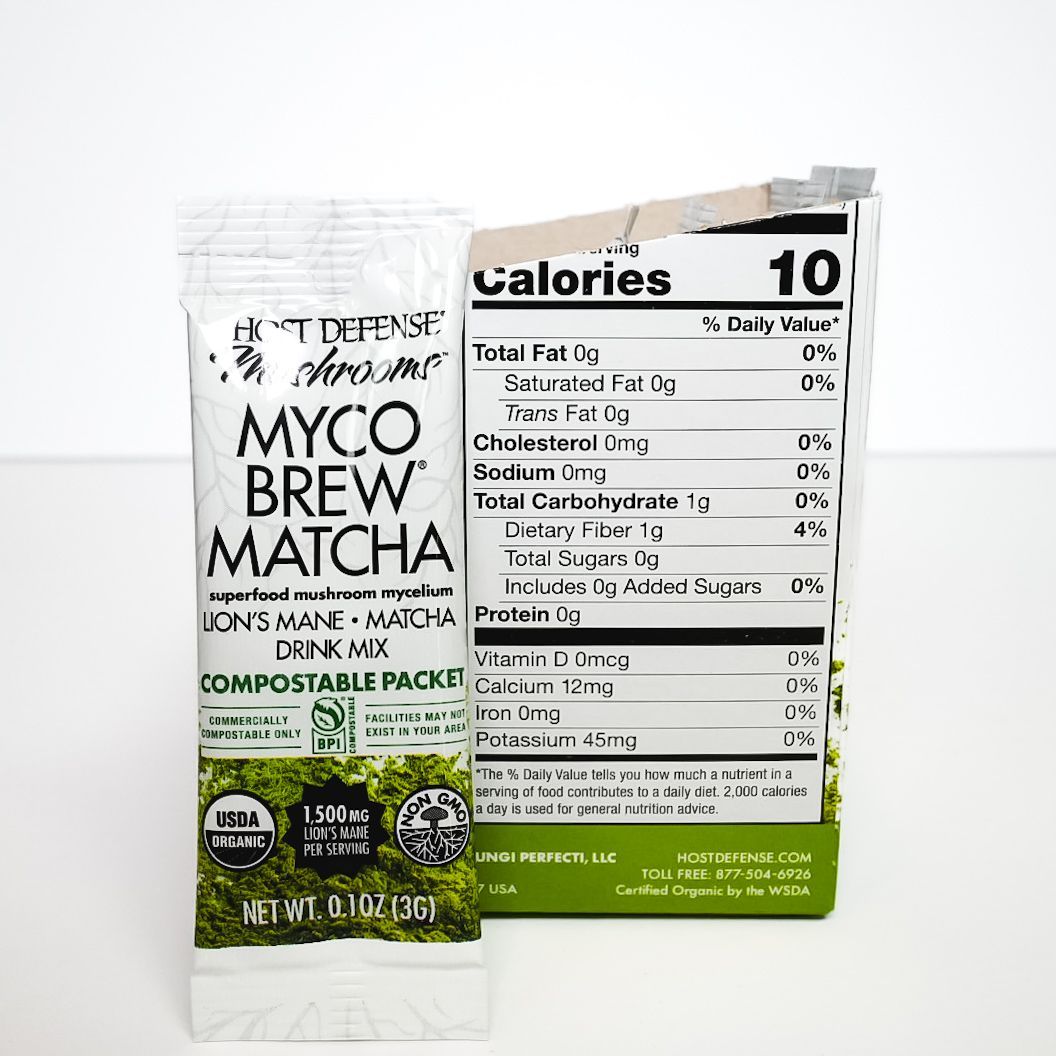 Myco Brew Matcha and matcha latte packaging with green swirl on a white background