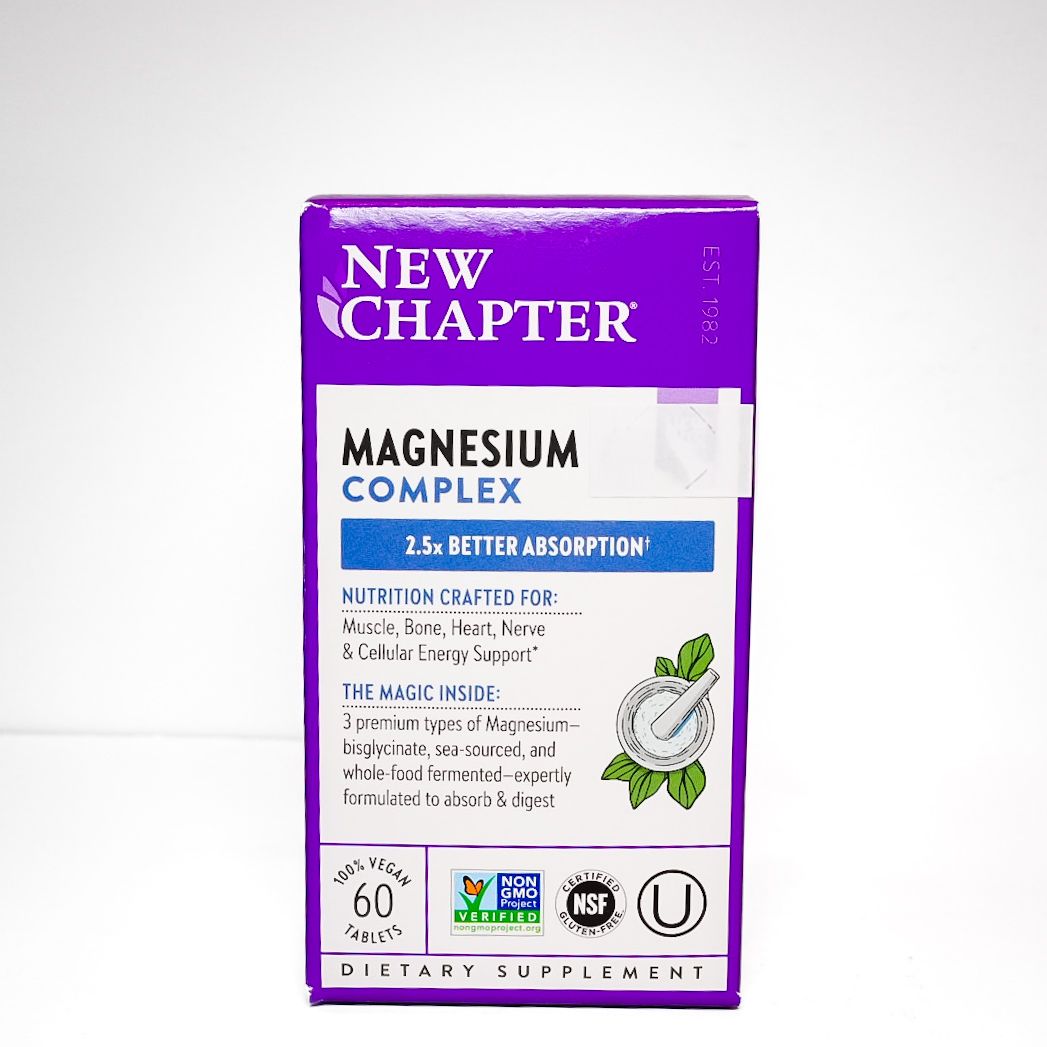 Purple-and-white New Chapter Magnesium Complex supplement box with “2.5x better absorption” label