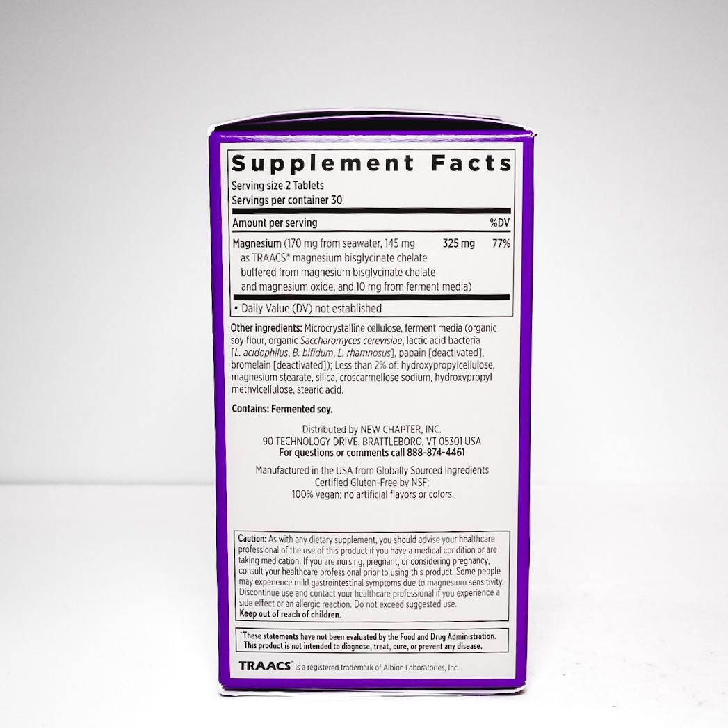 Purple-and-white New Chapter Magnesium Complex supplement box with “2.5x better absorption” label