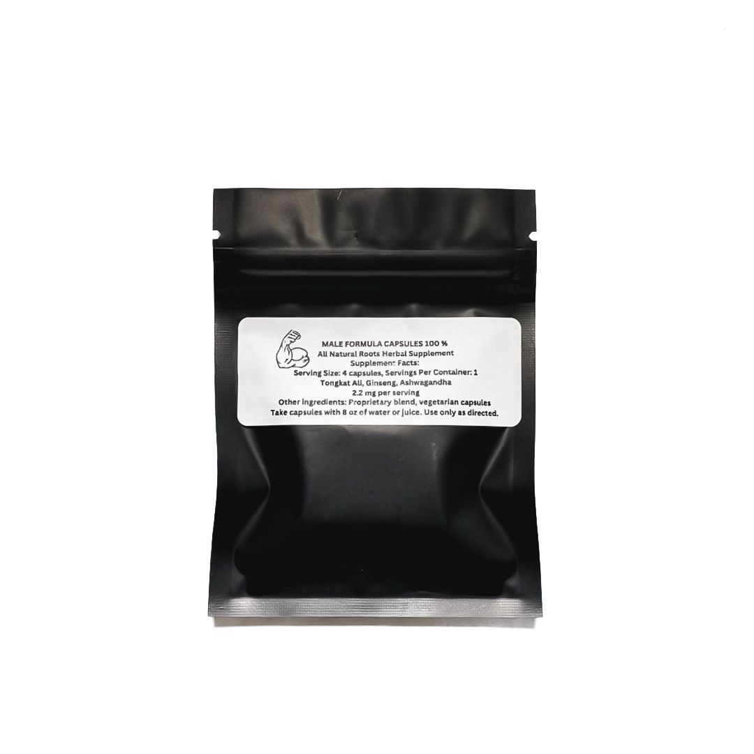 Black resealable pouch with a white product label on a plain background