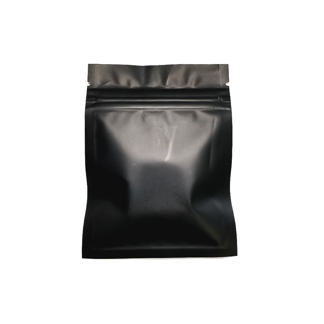 Black resealable pouch with a white product label on a plain background