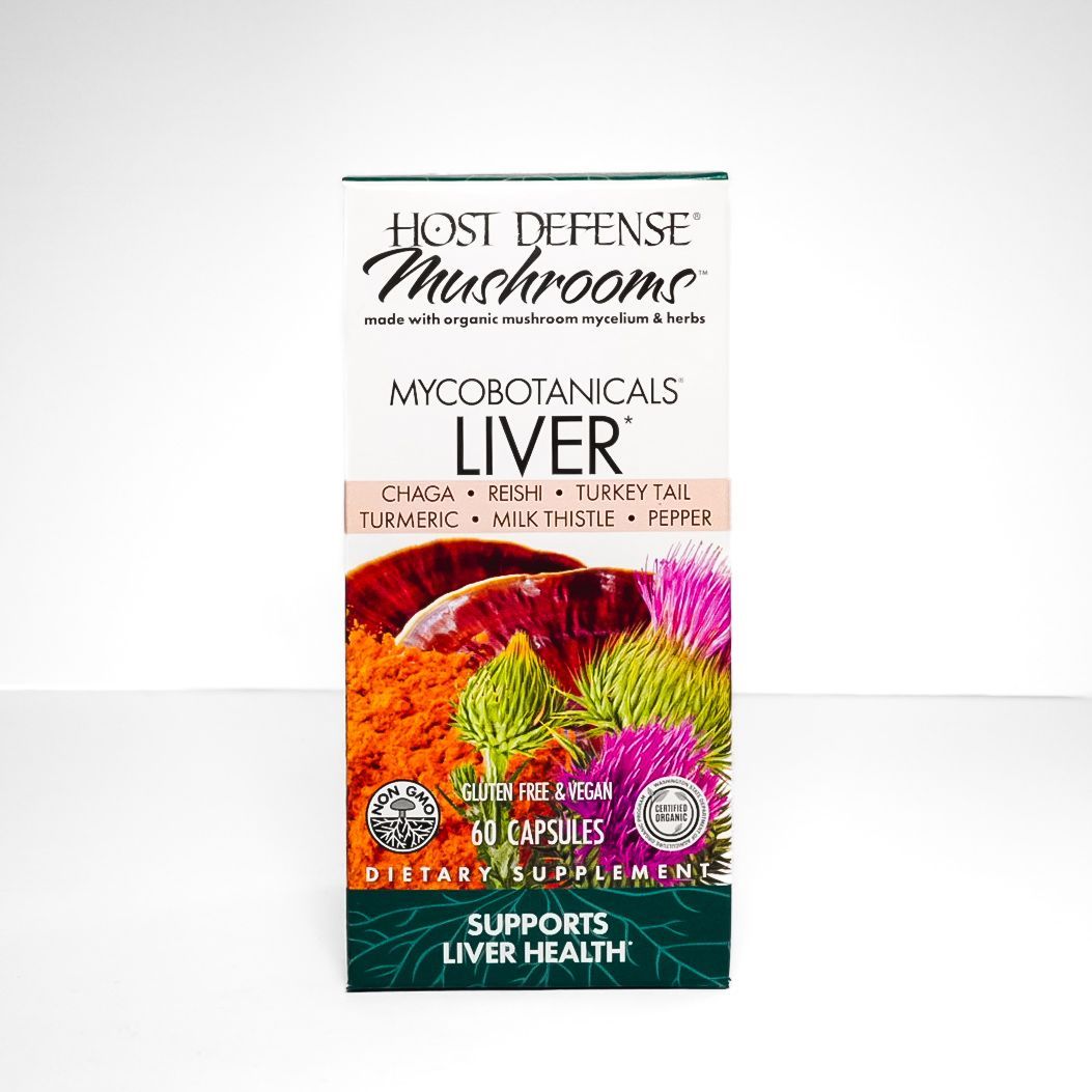 Host Defense MycoBotanicals Liver supplement box with colorful mushroom and botanical artwork.