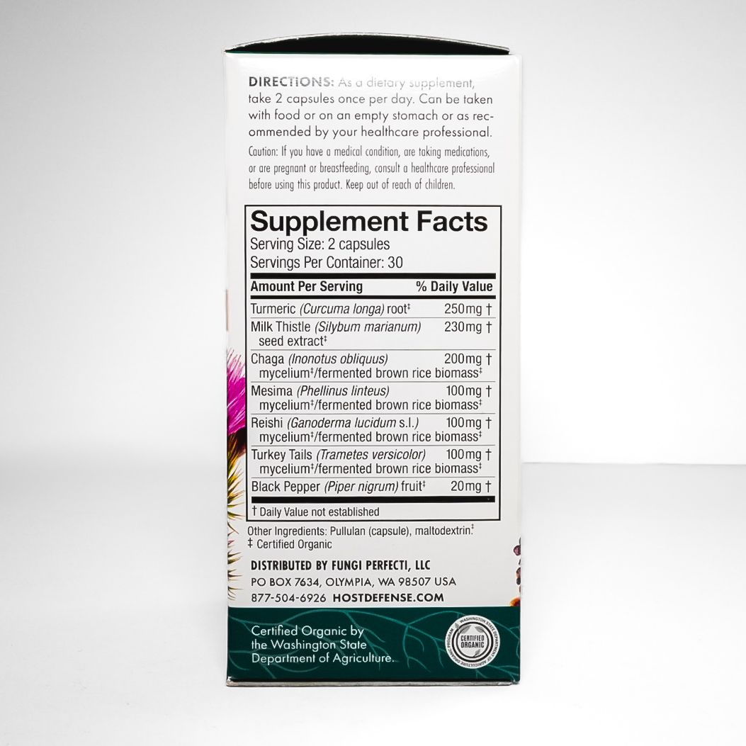 Host Defense MycoBotanicals Liver supplement box with colorful mushroom and botanical artwork.