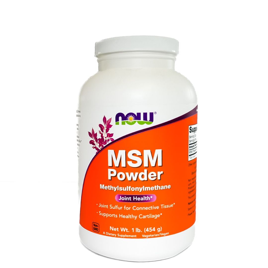 NOW MSM Powder supplement in a white bottle with orange label and purple floral accents