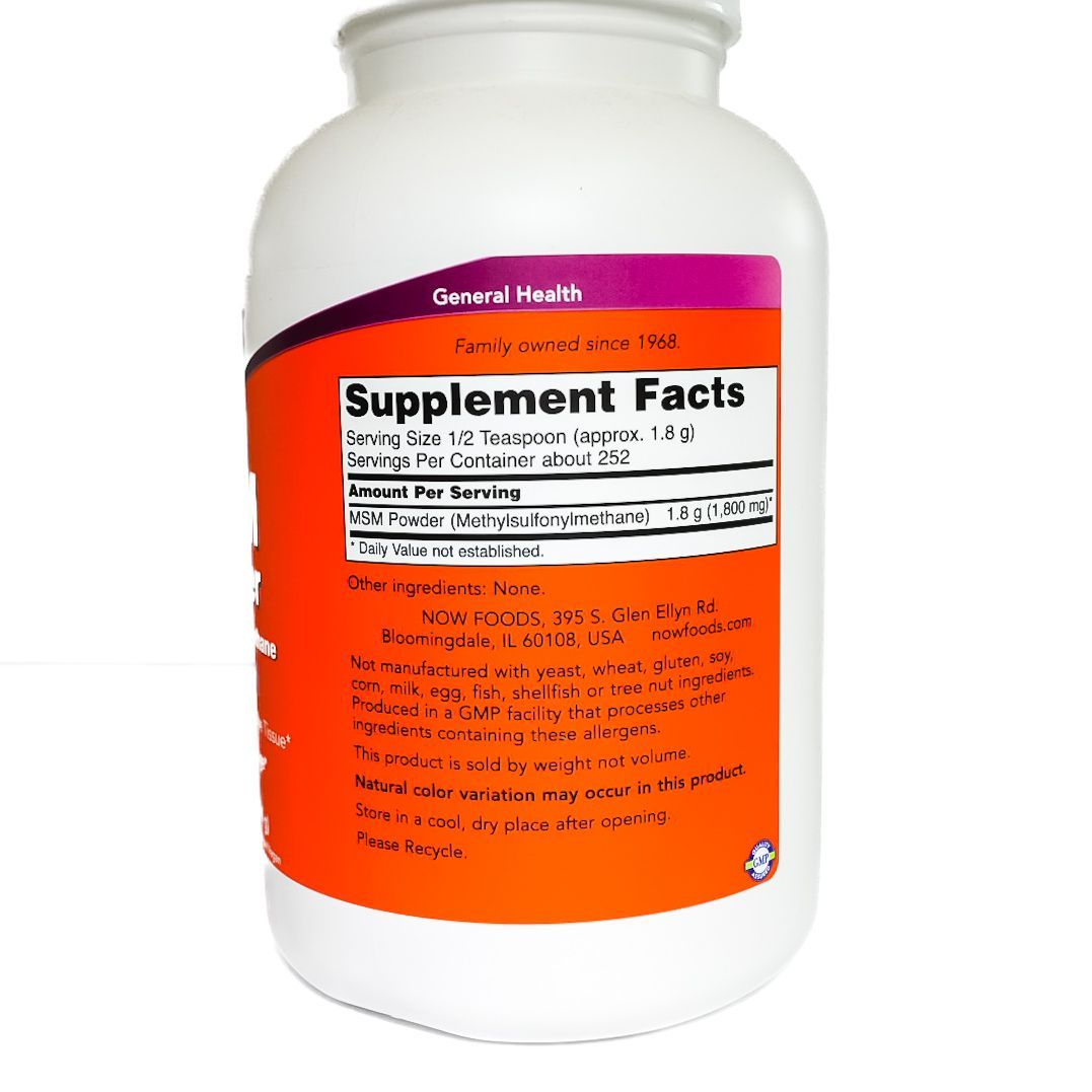 NOW MSM Powder supplement in a white bottle with orange label and purple floral accents