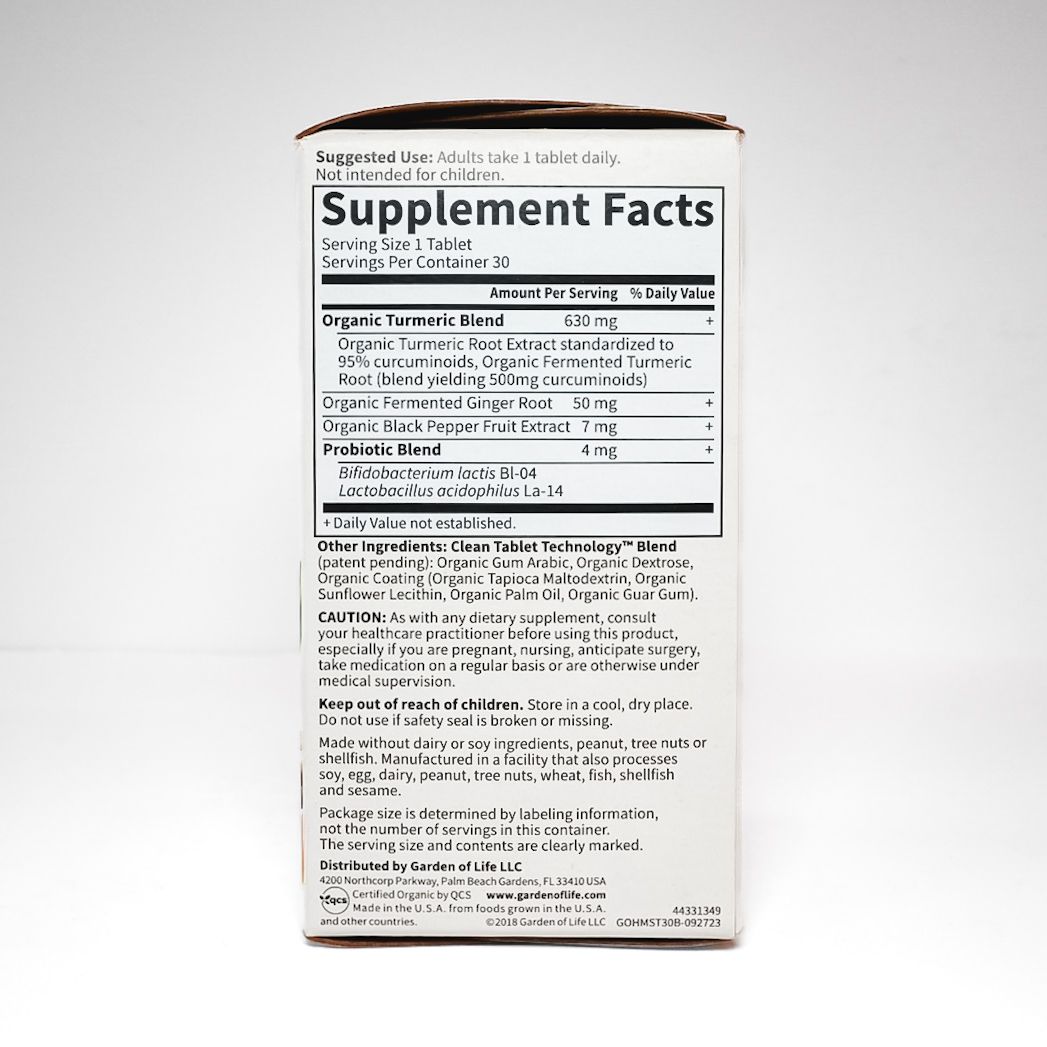 Turmeric supplement bottle labeled “Joints & Mobility” with flowers and turmeric roots on a white background