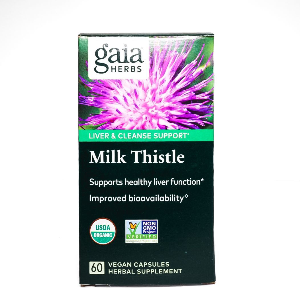 Gaia Herbs Milk Thistle liver support supplement box with purple flower on black background