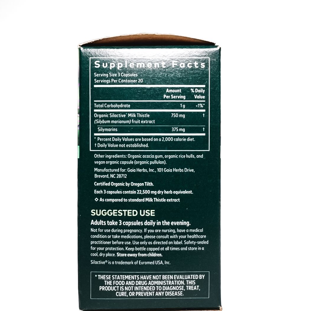 Gaia Herbs Milk Thistle liver support supplement box with purple flower on black background