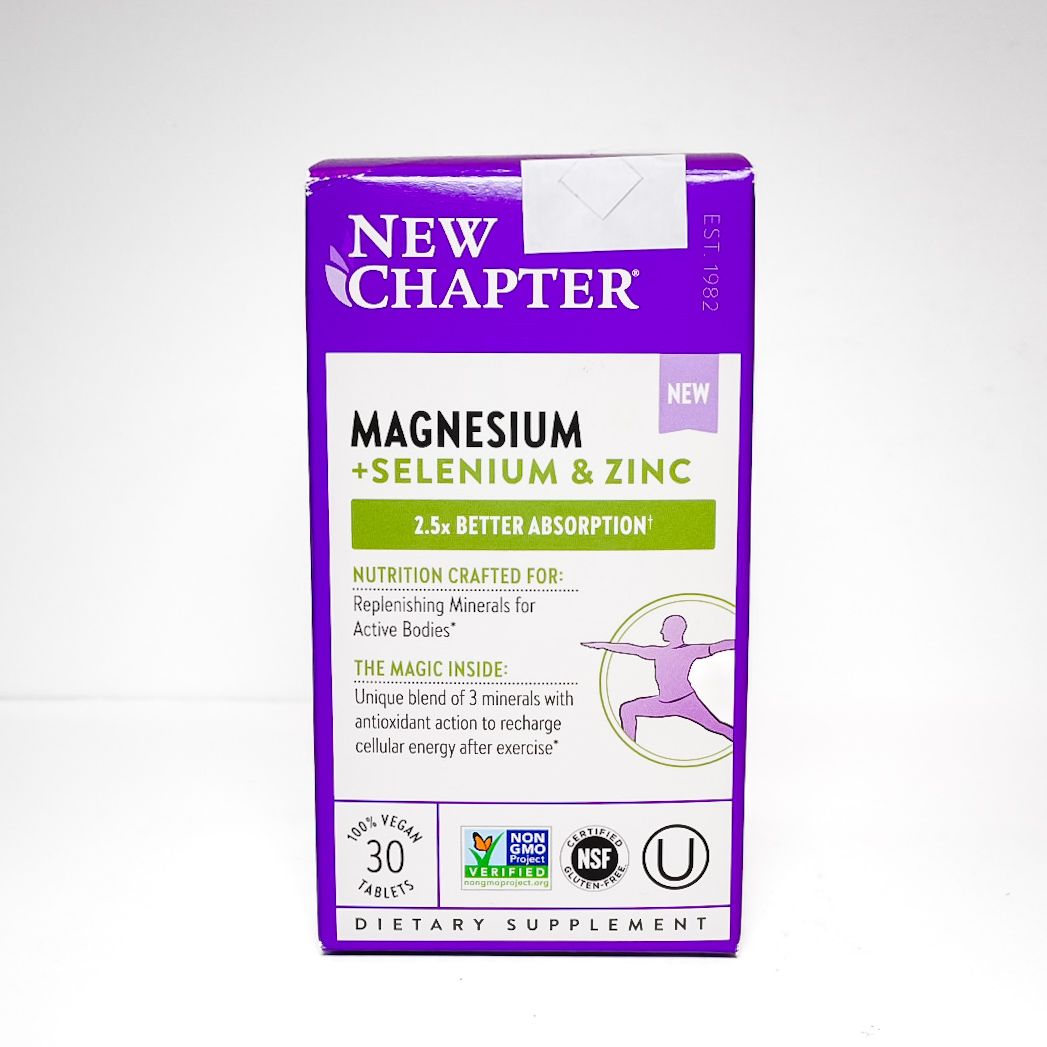 Purple New Chapter Magnesium + Selenium & Zinc supplement box with white and green label
