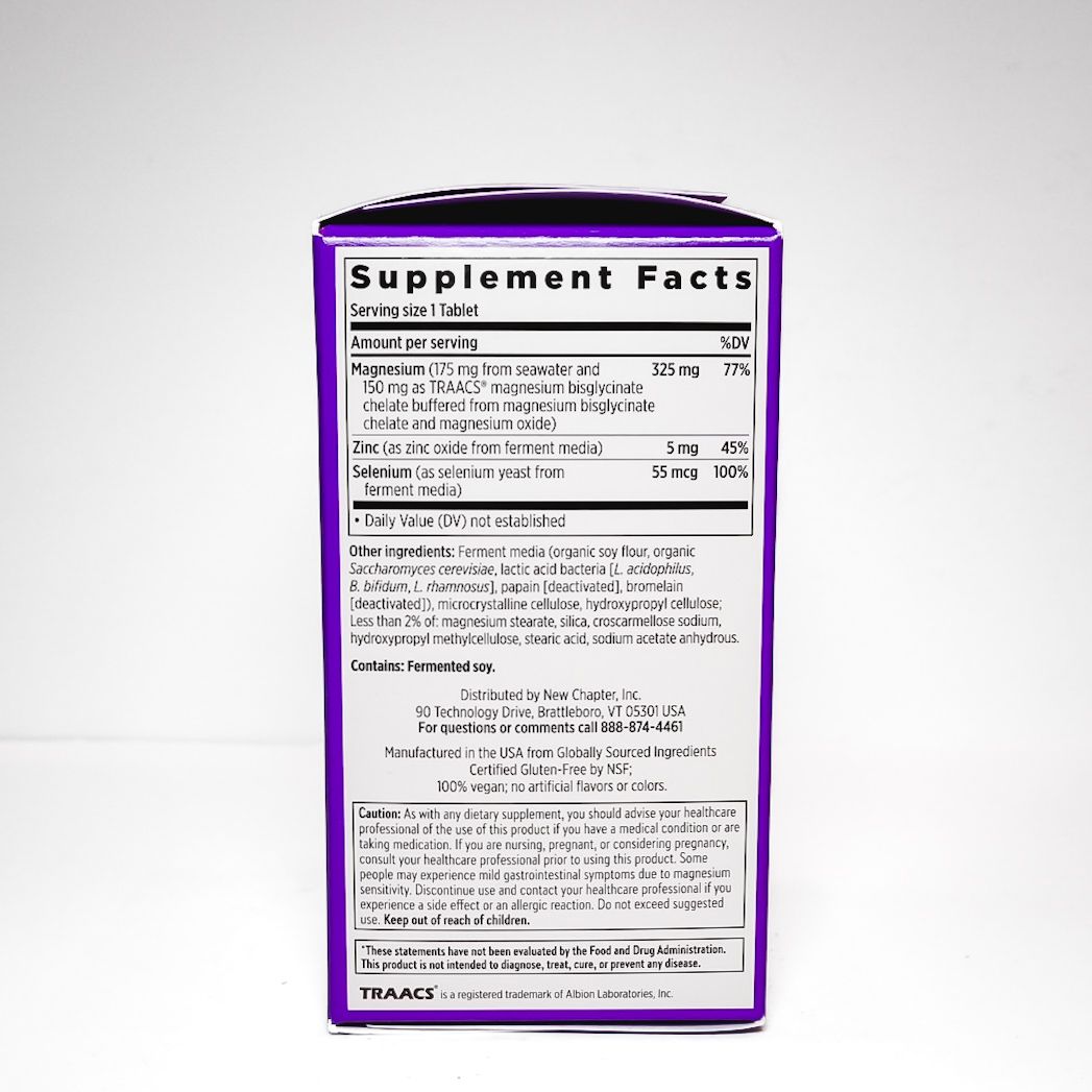 Purple New Chapter Magnesium + Selenium & Zinc supplement box with white and green label