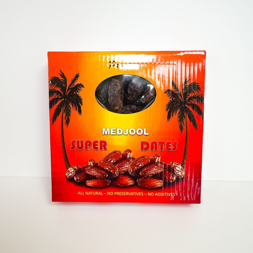 Orange Medjool dates package with palm trees and dates pictured on the front