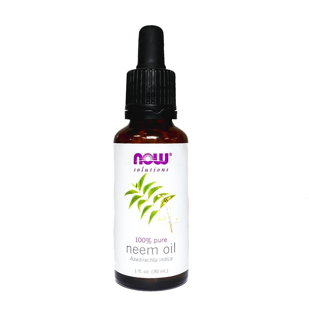 Neem oil dropper bottle with black cap and green leaf label on white background
