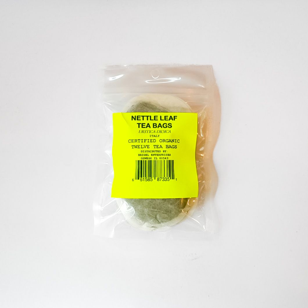 Plastic bag of nettle leaf tea bags with a bright yellow label on a white background