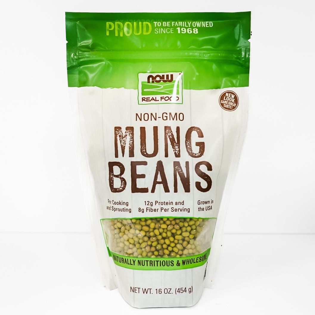 Package of non-GMO mung beans in a white and green bag