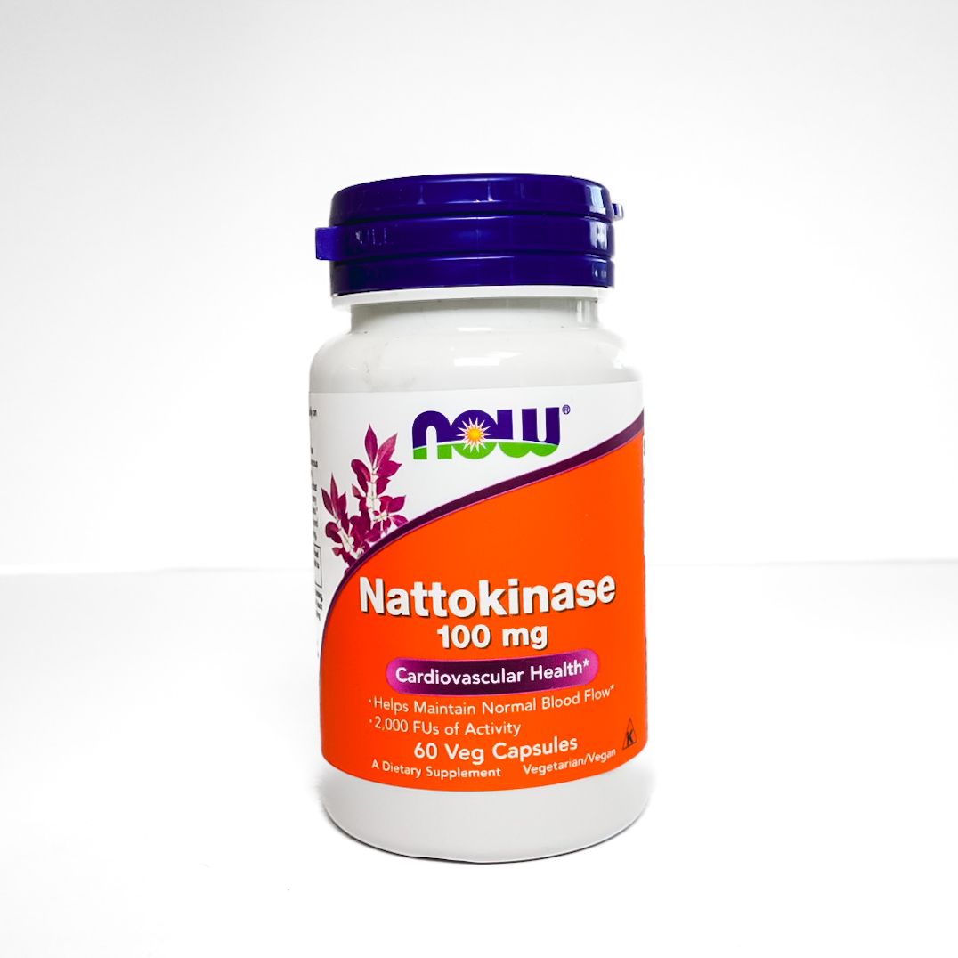 NOW Nattokinase 100 mg supplement bottle with purple cap and orange label