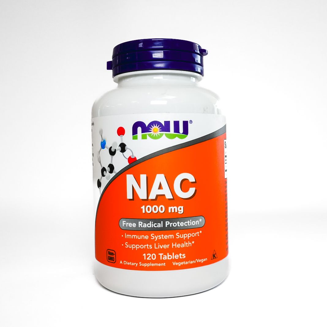 NOW NAC 1000 mg dietary supplement bottle with white and orange label