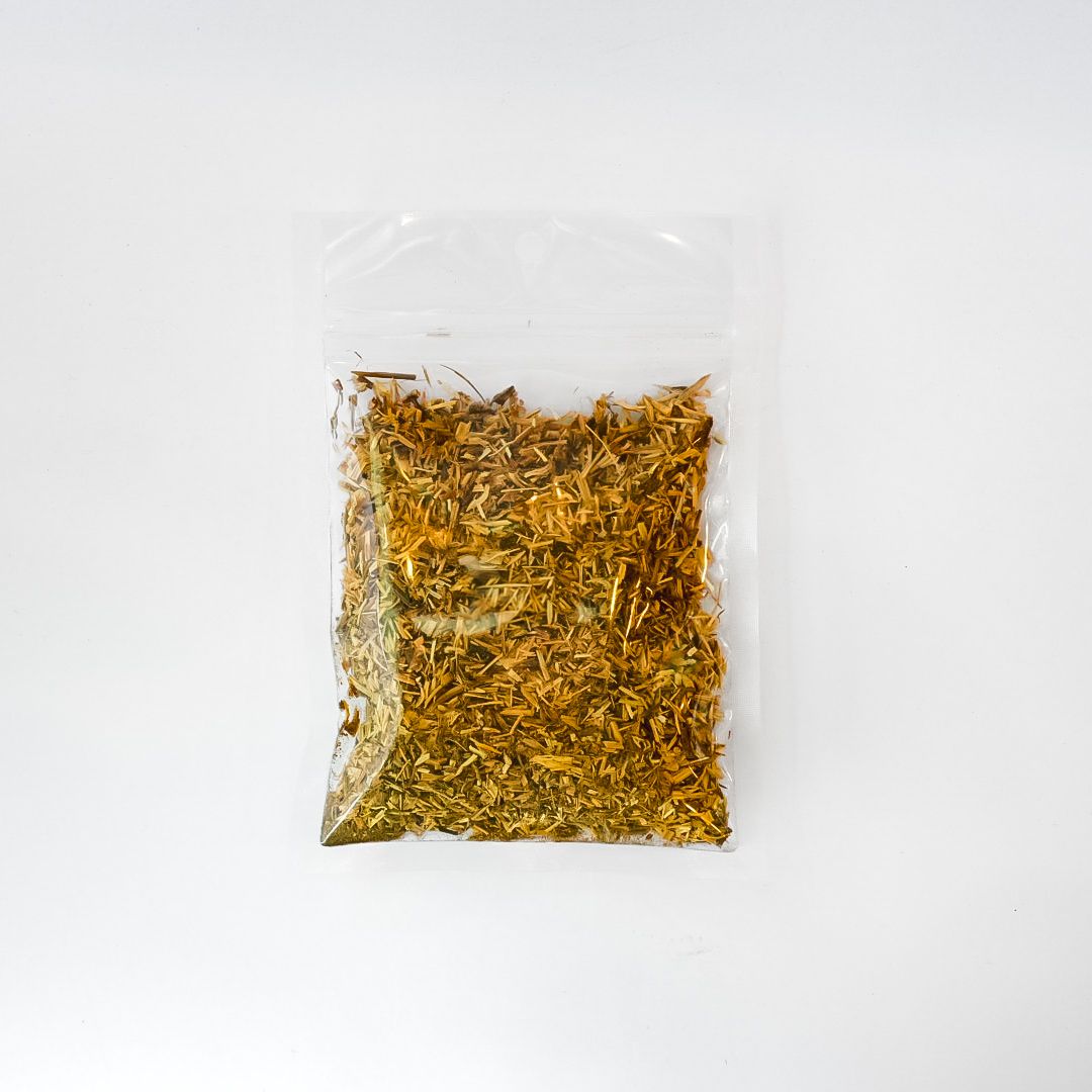 Clear plastic bag of dried nettle root with a bright yellow label on a white background
