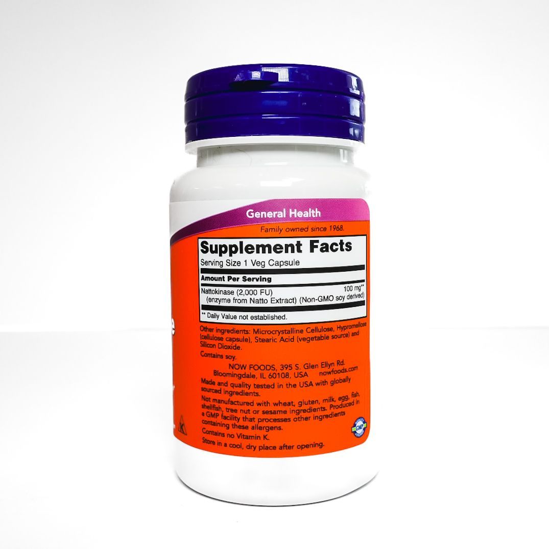 NOW Nattokinase 100 mg supplement bottle with purple cap and orange label