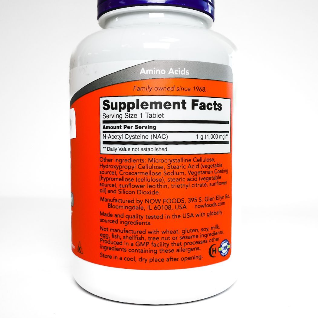 NOW NAC 1000 mg dietary supplement bottle with white and orange label