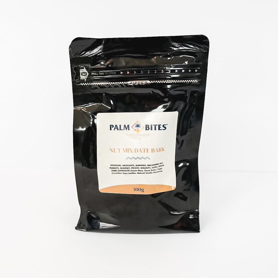 Black resealable pouch of Palm Bites nutty trail mix on a white background