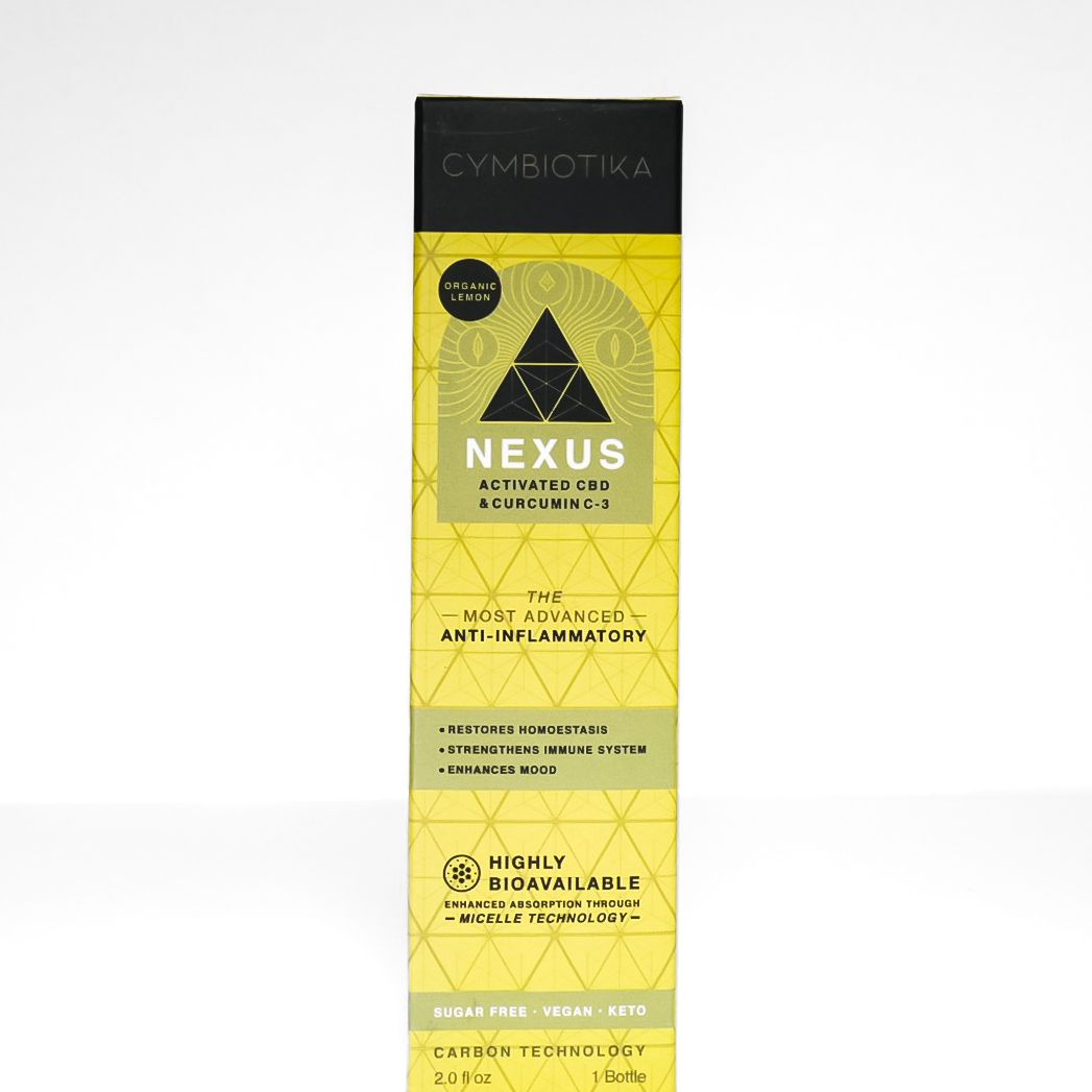 Yellow and black Nexus Eyeglass Lenses retail box with geometric logo on white background