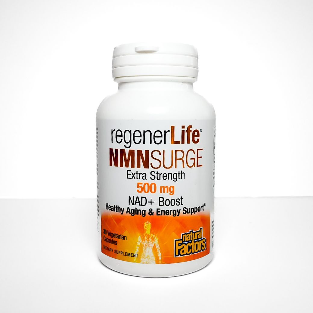White bottle of regenerLife NMNSurge Extra Strength 500 mg supplement on a light background