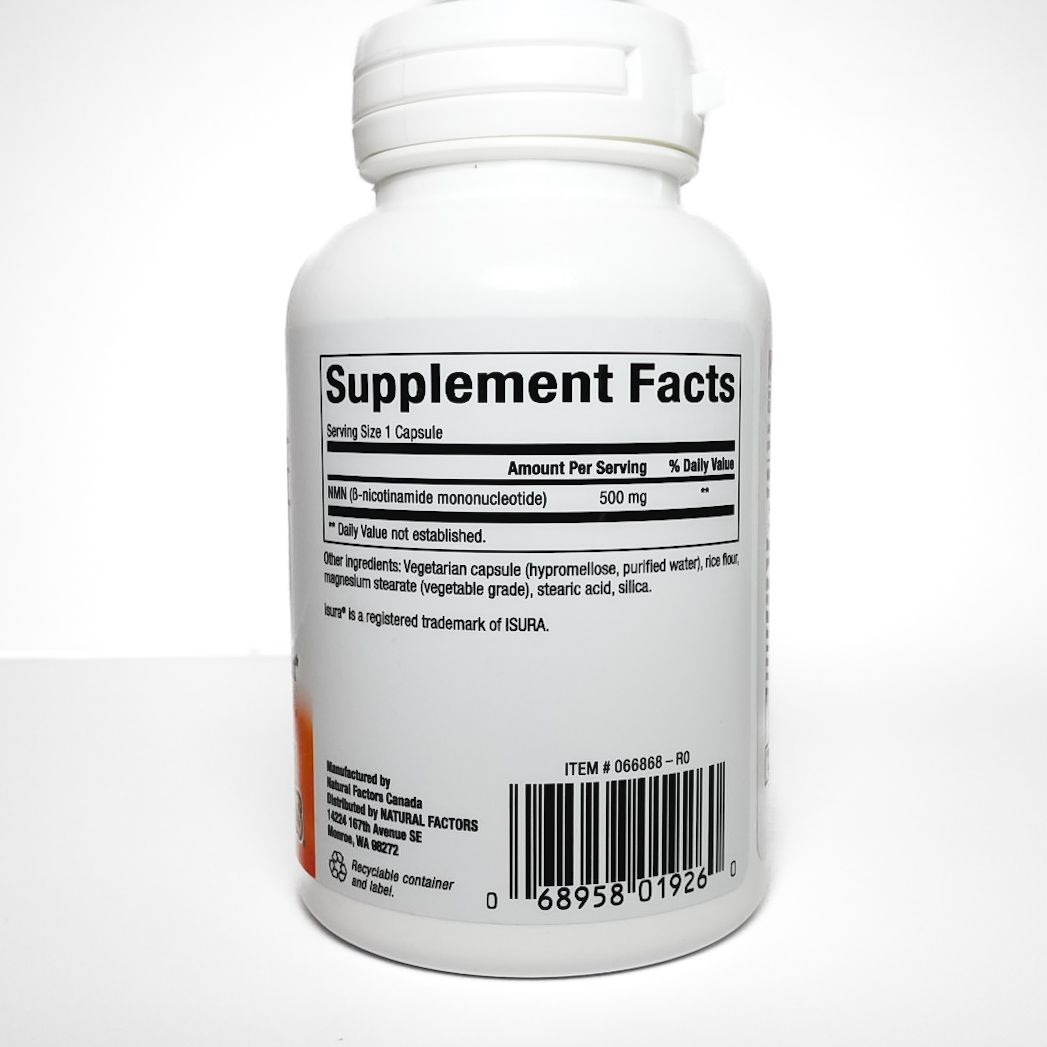 White bottle of regenerLife NMNSurge Extra Strength 500 mg supplement on a light background